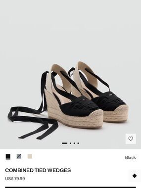Mango Black Espadrille Wedge Sandals with Natural Rope Platform